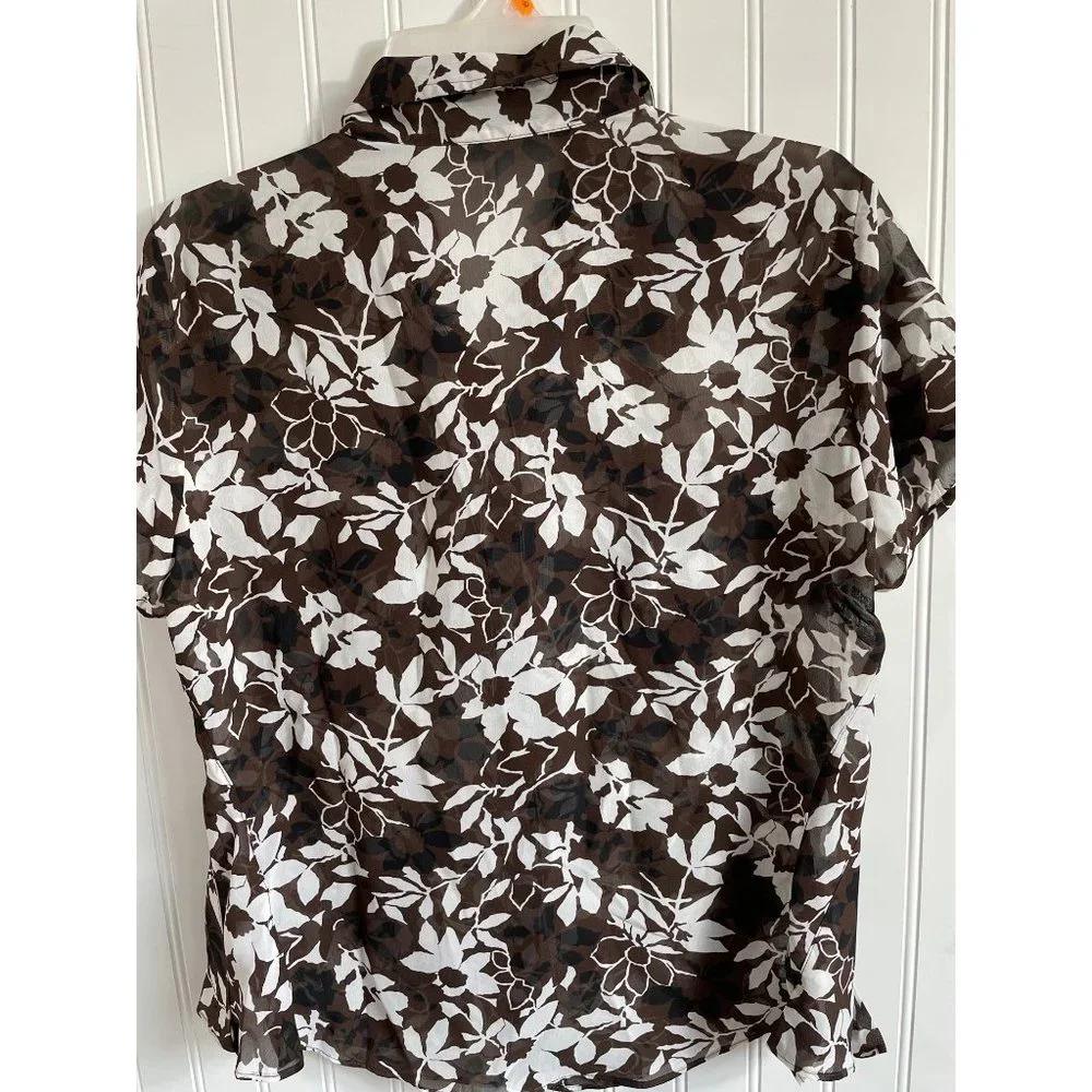 Liz Claiborne Shirt Women's 10 Brown White Floral Semi Sheer Collared Blouse Top - Picture 2 of 5